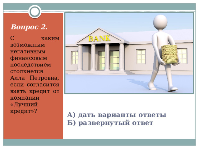 Вставка рисунка Вопрос 2. С каким возможным негативным финансовым последствием столкнется Алла Петровна, если согласится взять кредит от компании «Лучший кредит»? А) дать варианты ответы  Б) развернутый ответ 