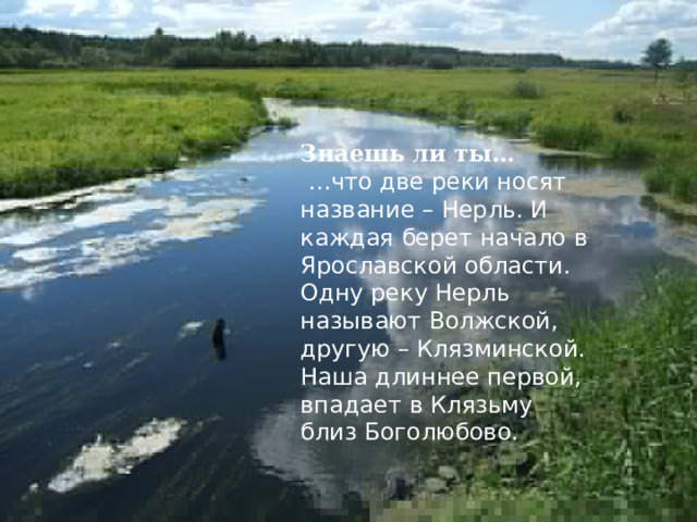 Знаешь ли ты…  … что две реки носят название – Нерль. И каждая берет начало в Ярославской области. Одну реку Нерль называют Волжской, другую – Клязминской. Наша длиннее первой, впадает в Клязьму близ Боголюбово. 