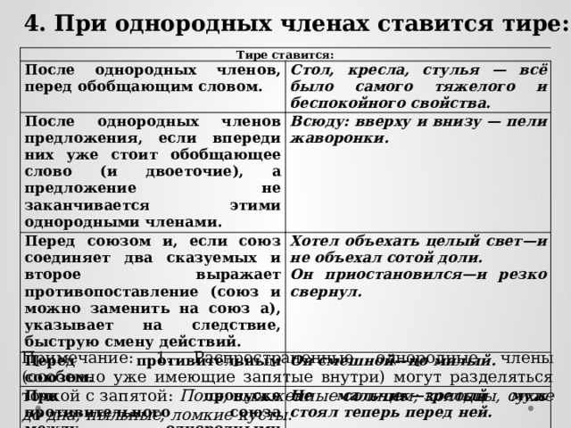 4. При однородных членах ставится тире: Тире ставится: После однородных членов, перед обобщающим словом. Стол, кресла, стулья — всё было самого тяжелого и беспокойного свойства. После однородных членов предложения, если впереди них уже стоит обобщающее слово (и двоеточие), а предложение не заканчивается этими однородными членами. Всюду: вверху и внизу — пели жаворонки. Перед союзом и, если союз соединяет два сказуемых и второе выражает противопоставление (союз и можно заменить на союз а), указывает на следствие, быструю смену действий. Хотел объехать целый свет—и не объехал сотой доли. Перед противительным союзом. Он приостановился—и резко свернул. Он смешной—но милый. При пропуске противительного союза между однородными членами. Не мальчик—зрелый муж стоял теперь перед ней. Примечание: 1. Распространенные однородные члены (особенно уже имеющие запятые внутри) могут разделяться точкой с запятой: Поля, выжженные солнцем; колодцы, сухие до дна; пыльные, ломкие кусты. 