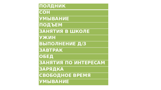 ПОЛДНИК СОН УМЫВАНИЕ ПОДЪЕМ ЗАНЯТИЯ В ШКОЛЕ УЖИН ВЫПОЛНЕНИЕ Д/З ЗАВТРАК ОБЕД ЗАНЯТИЯ ПО ИНТЕРЕСАМ ЗАРЯДКА СВОБОДНОЕ ВРЕМЯ УМЫВАНИЕ 