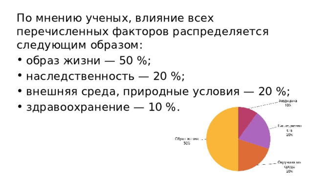 По мнению ученых, влияние всех перечисленных факторов распределяется следующим образом: образ жизни — 50 %; наследственность — 20 %; внешняя среда, природные условия — 20 %; здравоохранение — 10 %. 