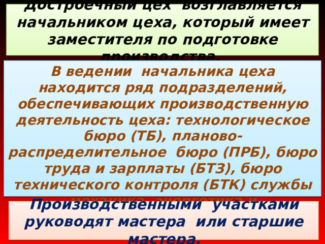 Достроечный цех возглавляется начальником цеха, который имеет заместителя по подготовке производства. В ведении начальника цеха находится ряд подразделений, обеспечивающих производственную деятельность цеха: технологическое бюро (ТБ), планово-распределительное бюро (ПРБ), бюро труда и зарплаты (БТЗ), бюро технического контроля (БТК) службы механика, энергетика и инструментальщика, кладовые, архив и др.  Производственными участками руководят мастера или старшие мастера. 