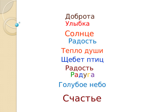 Доброта Улыбка Солнце Радость Тепло души Щебет птиц Радость Р а д у г а Голубое небо Счастье 