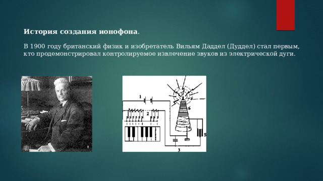 История создания ионофона . В 1900 году британский физик и изобретатель Вильям Даддел (Дуддел) стал первым, кто продемонстрировал контролируемое извлечение звуков из электрической дуги. 