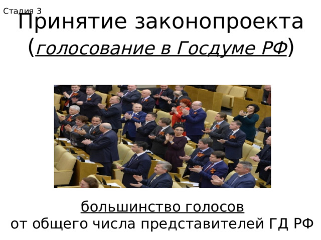 Стадия 3 Принятие законопроекта ( голосование в Госдуме РФ ) большинство голосов от общего числа представителей ГД РФ 