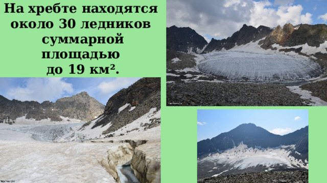 На хребте находятся около 30 ледников  суммарной площадью до 19 км². 