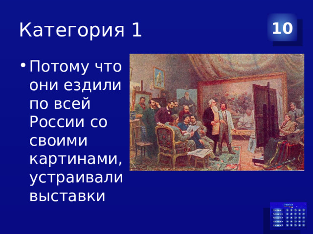 Категория 1 10 Потому что они ездили по всей России со своими картинами, устраивали выставки 