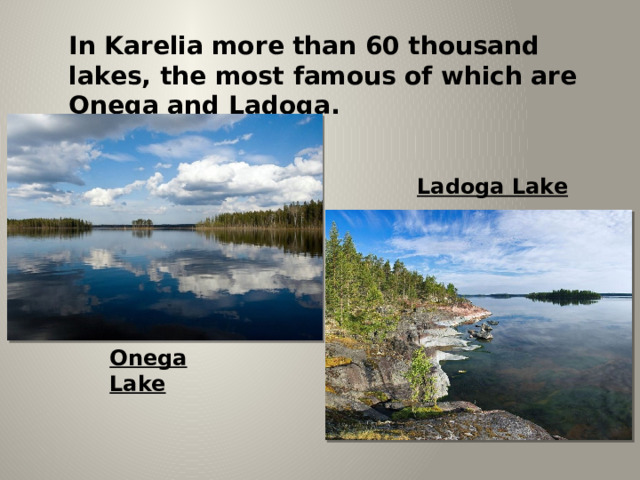 In Karelia more than 60 thousand lakes, the most famous of which are Onega and Ladoga. Ladoga Lake Onega Lake 