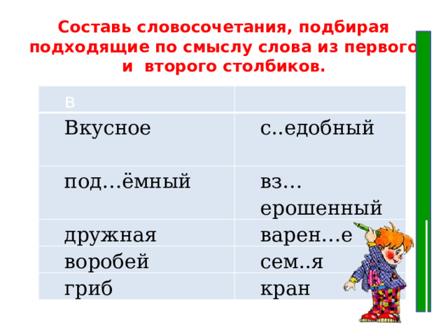 Составь словосочетания, подбирая подходящие по смыслу слова из первого и второго столбиков.   в Вкусное с..едобный под…ёмный вз…ерошенный дружная варен…е воробей сем..я гриб кран 