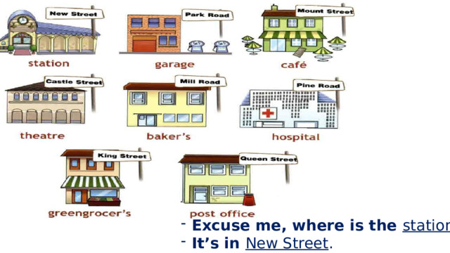Excuse me, where is the station ? It’s in New Street . 