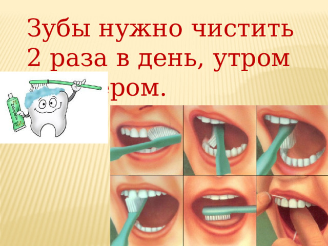 Зубы нужно чистить 2 раза в день, утром и вечером. 