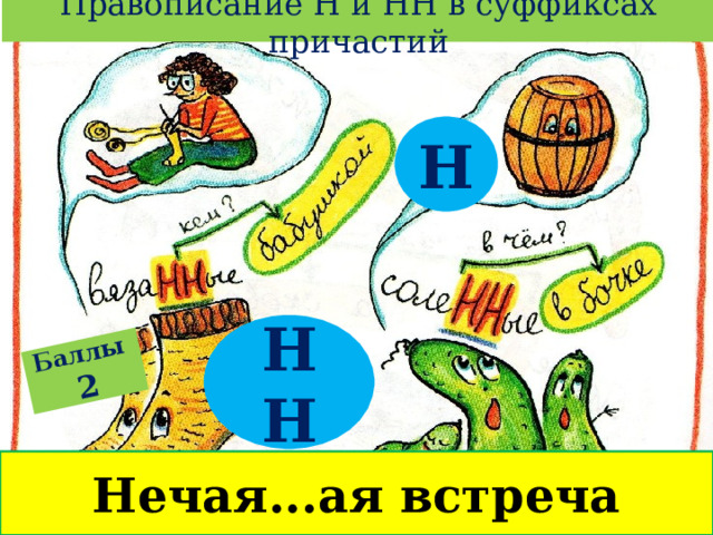 Правописание Н и НН в суффиксах причастий Баллы  2 Н НН Нечая...ая встреча 
