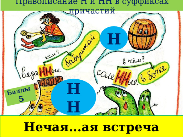 Правописание Н и НН в суффиксах причастий Баллы  5 Н НН Нечая...ая встреча 