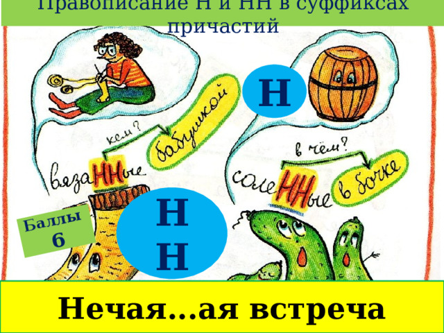 Правописание Н и НН в суффиксах причастий Баллы  6 Н НН Нечая...ая встреча 
