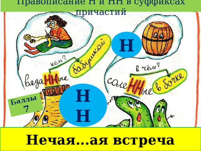 Правописание Н и НН в суффиксах причастий Баллы  7 Н НН Нечая...ая встреча 