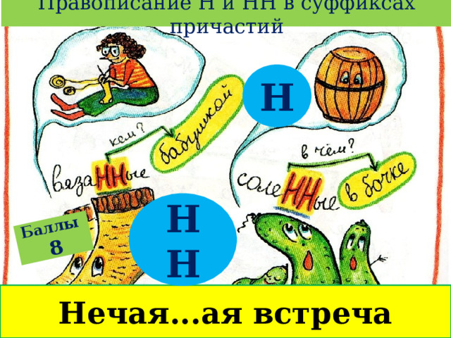 Правописание Н и НН в суффиксах причастий Баллы  8 Н НН Нечая...ая встреча 