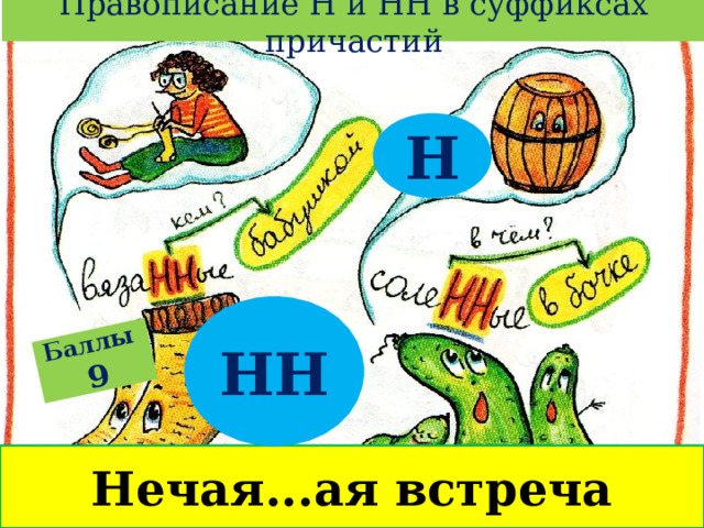 Правописание Н и НН в суффиксах причастий Баллы  9 Н НН Нечая...ая встреча 