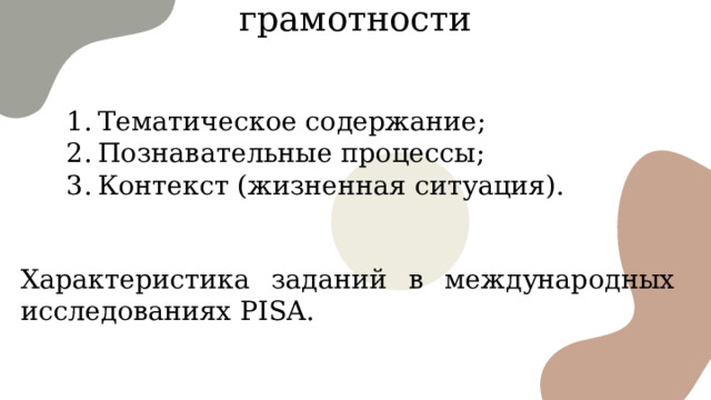 Составляющие финансовой грамотности Тематическое содержание; Познавательные процессы; Контекст (жизненная ситуация). Характеристика заданий в международных исследованиях PISA. 