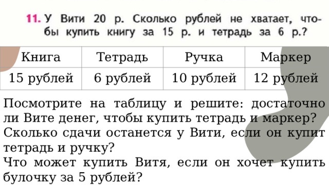 Книга Тетрадь 15 рублей Ручка 6 рублей Маркер 10 рублей 12 рублей Посмотрите на таблицу и решите: достаточно ли Вите денег, чтобы купить тетрадь и маркер? Сколько сдачи останется у Вити, если он купит тетрадь и ручку? Что может купить Витя, если он хочет купить булочку за 5 рублей? 