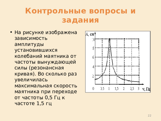 Контрольные вопросы и задания На рисунке изображена зависимость амплитуды установившихся колебаний маятника от частоты вынуждающей силы (резонансная кривая). Во сколько раз увеличилась максимальная скорость маятника при переходе от частоты 0,5 Гц к частоте 1,5 гц  