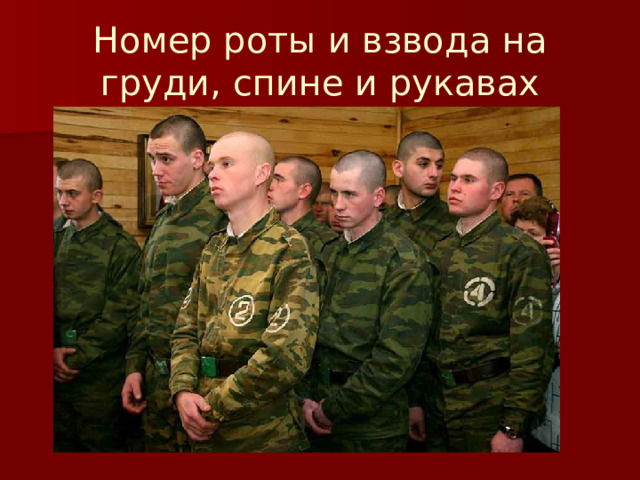 Номер роты и взвода на груди, спине и рукавах 