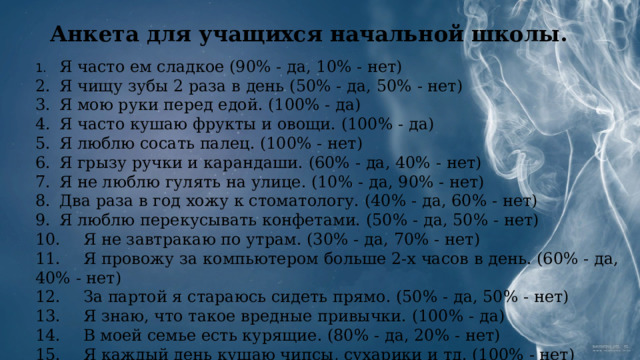 Анкета для учащихся начальной школы. 1.  Я часто ем сладкое (90% - да, 10% - нет) 2.  Я чищу зубы 2 раза в день (50% - да, 50% - нет) 3.  Я мою руки перед едой. (100% - да) 4.  Я часто кушаю фрукты и овощи. (100% - да) 5.  Я люблю сосать палец. (100% - нет) 6.  Я грызу ручки и карандаши. (60% - да, 40% - нет) 7.  Я не люблю гулять на улице. (10% - да, 90% - нет) 8.  Два раза в год хожу к стоматологу. (40% - да, 60% - нет) 9.  Я люблю перекусывать конфетами. (50% - да, 50% - нет) 10.  Я не завтракаю по утрам. (30% - да, 70% - нет) 11.  Я провожу за компьютером больше 2-х часов в день. (60% - да, 40% - нет) 12.  За партой я стараюсь сидеть прямо. (50% - да, 50% - нет) 13.  Я знаю, что такое вредные привычки. (100% - да) 14.  В моей семье есть курящие. (80% - да, 20% - нет) 15.  Я каждый день кушаю чипсы, сухарики и тд. (100% - нет) 
