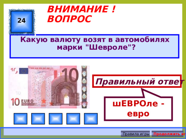 шЕВРОле - евро ВНИМАНИЕ ! ВОПРОС 24 Какую валюту возят в автомобилях марки 