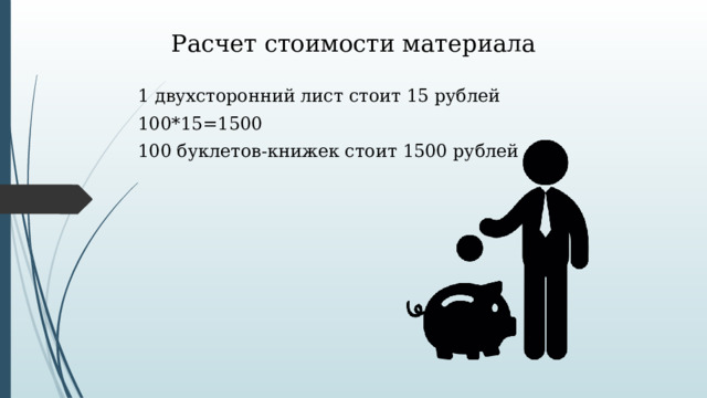 Расчет стоимости материала 1 двухсторонний лист стоит 15 рублей 100*15=1500 100 буклетов-книжек стоит 1500 рублей 