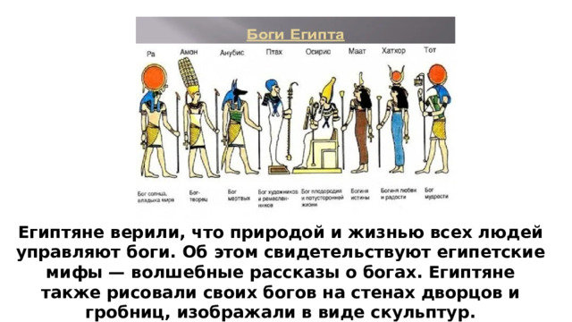 Египтяне верили, что природой и жизнью всех людей управляют боги. Об этом свидетельствуют египетские мифы — волшебные рассказы о богах. Египтяне также рисовали своих богов на стенах дворцов и гробниц, изображали в виде скульптур. 