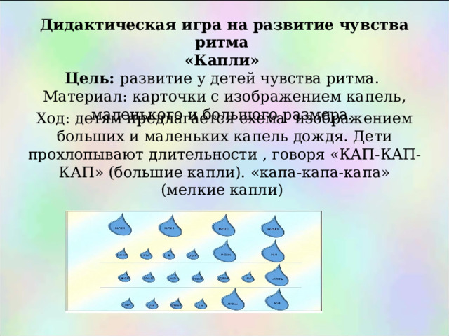      Дидактическая игра на развитие чувства ритма  «Капли»  Цель: развитие у детей чувства ритма.  Материал: карточки с изображением капель , маленького и большого размера.   Ход: детям предлагается схема изображением больших и маленьких капель дождя. Дети прохлопывают длительности , говоря «КАП-КАП-КАП» (большие капли). «капа-капа-капа» (мелкие капли) 