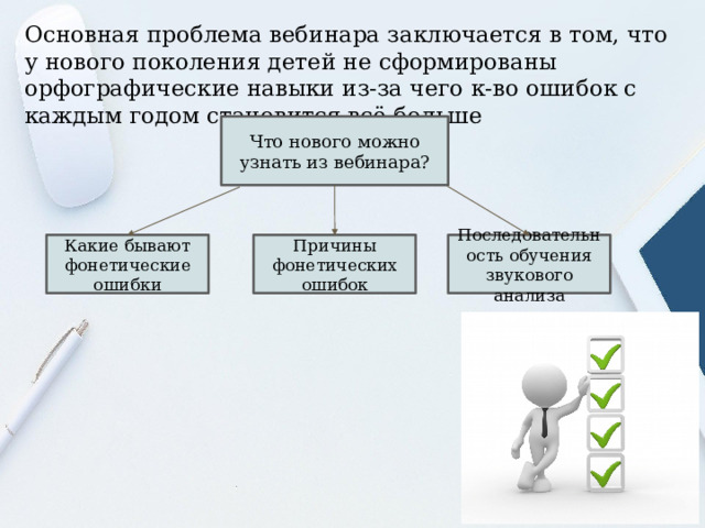 Основная проблема вебинара заключается в том, что у нового поколения детей не сформированы орфографические навыки из-за чего к-во ошибок с каждым годом становится всё больше Что нового можно узнать из вебинара? Какие бывают фонетические ошибки Причины фонетических ошибок Последовательность обучения звукового анализа 