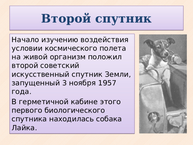 Второй спутник Начало изучению воздействия условии космического полета на живой организм положил второй советский искусственный спутник Земли, запущенный 3 ноября 1957 года. В герметичной кабине этого первого биологического спутника находилась собака Лайка.  