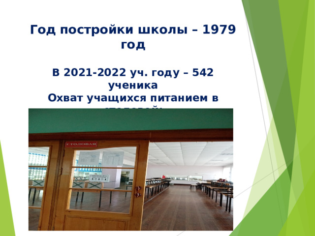 Год постройки школы – 1979 год   В 2021-2022 уч. году – 542 ученика  Охват учащихся питанием в столовой:  1-4 классы – 100%  5-11 классы – 76%     . 