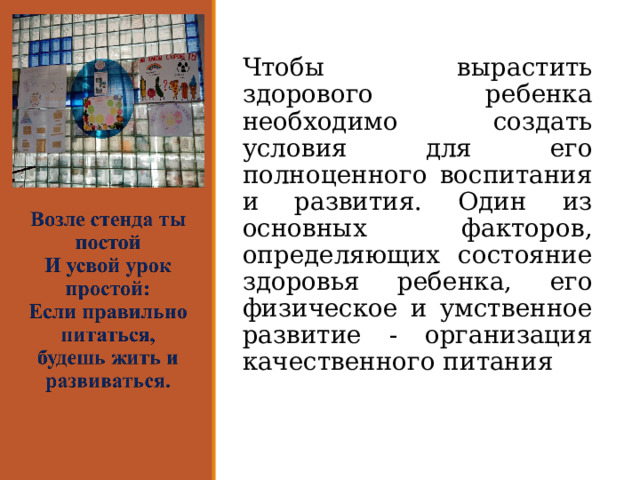 Чтобы вырастить здорового ребенка необходимо создать условия для его полноценного воспитания и развития. Один из основных факторов, определяющих состояние здоровья ребенка, его физическое и умственное развитие - организация качественного питания 