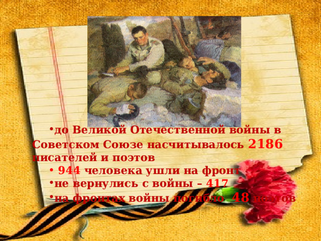 до Великой Отечественной войны в Советском Союзе насчитывалось 2186 писателей и поэтов  944 человека ушли на фронт не вернулись с войны – 417 на фронтах войны погибло 48 поэтов 