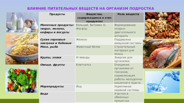  Влияние питательных веществ на организм подростка Продукты Молочные продукты: творог, молоко, кефиры и йогурты Вещества, содержащиеся в этих продуктах Кальций, Витамин D, Фосфор Сухие зерновые завтраки и бобовые Роль веществ Формирование опорно-двигательного аппарата Железо Мясо, рыба Крупы, злаки Поддержка иммунной системы Животный белок Углеводы Овощи, фрукты Строительный материал для мышц Энергия для организма Клетчатка Морепродукты Очищение организма от токсинов, нормализация работы желудочно-кишечного тракта Йод Вода Укрепление нервной системы   Орехи, растительные масла Участие в обменных процессах Растительные жиры Укрепление волос, ногтей 