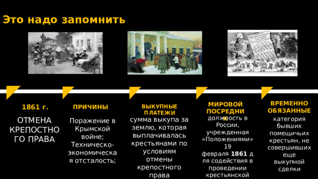 Это надо запомнить ВРЕМЕННО ОБЯЗАННЫЕ МИРОВОЙ ПОСРЕДНИК 1861 г. ПРИЧИНЫ ВЫКУПНЫЕ ПЛАТЕЖИ должность в России, учрежденная «Положениями» 19 февраля  1861  для содействия в проведении крестьянской реформы  1861   сумма выкупа за землю, которая выплачивалась крестьянами по условиям отмены крепостного права ОТМЕНА КРЕПОСТНОГО ПРАВА категория бывших помещичьих крестьян, не совершивших еще выкупной сделки Поражение в Крымской войне; Техническо-экономическая отсталость; 