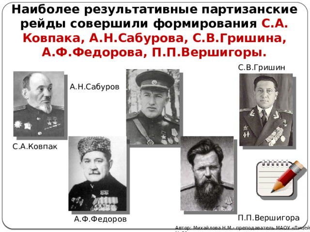 Наиболее результативные партизанские рейды совершили формирования С.А. Ковпака, А.Н.Сабурова, С.В.Гришина, А.Ф.Федорова, П.П.Вершигоры. С.В.Гришин А.Н.Сабуров С.А.Ковпак П.П.Вершигора А.Ф.Федоров Автор: Михайлова Н.М.- преподаватель МАОУ «Лицей № 21» 