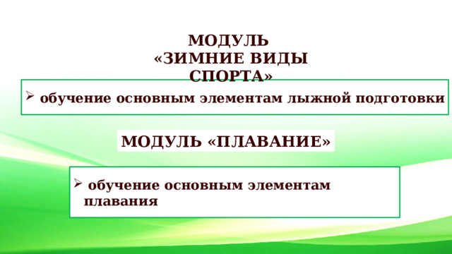 МОДУЛЬ «ЗИМНИЕ ВИДЫ СПОРТА»   обучение основным элементам лыжной подготовки  МОДУЛЬ «ПЛАВАНИЕ»   обучение основным элементам плавания  