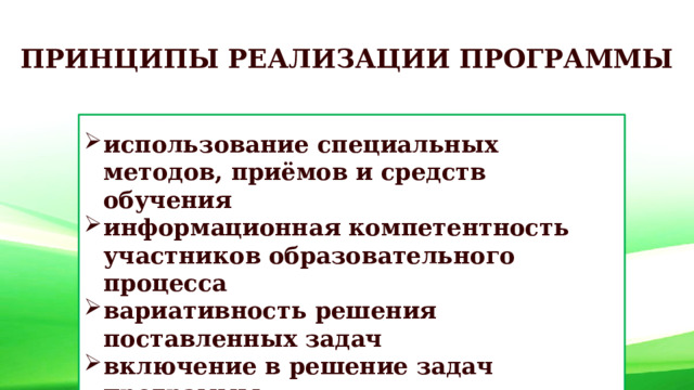 ПРИНЦИПЫ РЕАЛИЗАЦИИ ПРОГРАММЫ  использование специальных методов, приёмов и средств обучения информационная компетентность участников образовательного процесса вариативность решения поставленных задач включение в решение задач программы  