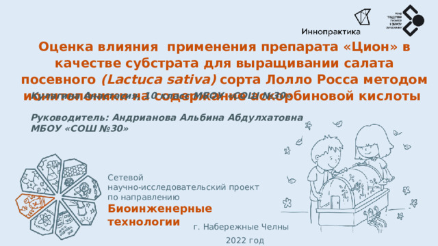 Оценка влияния применения препарата «Цион» в качестве субстрата для выращивании салата посевного (Lactuca sati­va)  сорта Лолло Росса методом ионитопоники на содержание аскорбиновой кислоты  Кулагина Анастасия, 10 класс МБОУ «СОШ №30»  Руководитель: Андрианова Альбина Абдулхатовна МБОУ «СОШ №30» Сетевой  научно-исследовательский проект  по направлению  Биоинженерные  технологии  г. Набережные Челны 2022 год 