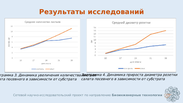 Результаты исследований Диаграмма 4. Динамика прироста диаметра розетки салата посевного в зависимости от субстрата Диаграмма 3. Динамика увеличения количества листьев салата посевного в зависимости от субстрата Сетевой научно-исследовательский проект по направлению Биоинженерные технологии  