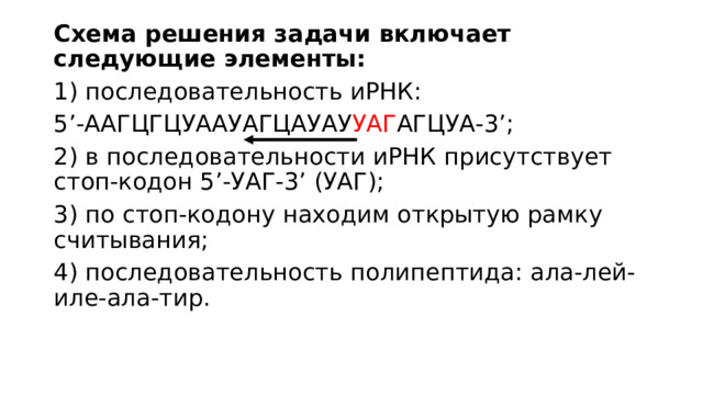 Схема решения задачи включает следующие элементы: 1) последовательность иРНК: 5’-ААГЦГЦУААУАГЦАУАУ УАГ АГЦУА-3’; 2) в последовательности иРНК присутствует стоп-кодон 5’-УАГ-3’ (УАГ); 3) по стоп-кодону находим открытую рамку считывания; 4) последовательность полипептида: ала-лей-иле-ала-тир. 