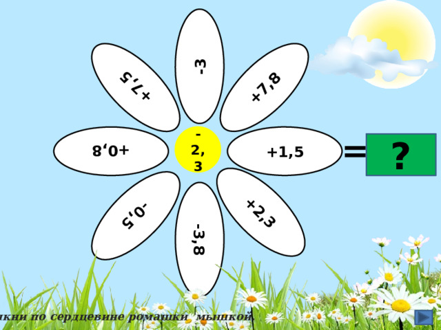 +7,5 +0,8 -0,5 -3,8 +7,8 +1,5 +2,3 -3 -2,3 = ? Щелкни по сердцевине ромашки мышкой. 