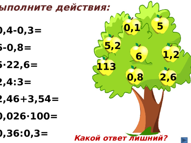 Выполните действия: 0,4-0,3= 6-0,8= 5·22,6= 2,4:3= 2,46+3,54= 0,026·100= 0,36:0,3= 5 0,1 5,2 1,2 6 113 2,6 0,8 Какой ответ лишний? 4 