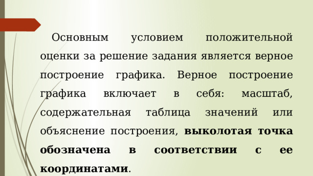 Основным условием положительной оценки за решение задания является верное построение графика. Верное построение графика включает в себя: масштаб, содержательная таблица значений или объяснение построения, выколотая точка обозначена в соответствии с ее координатами . 