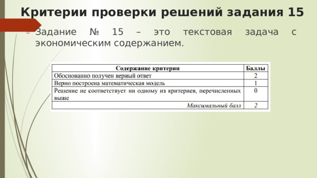 Критерии проверки решений задания 15 Задание № 15 – это текстовая задача с экономическим содержанием.  