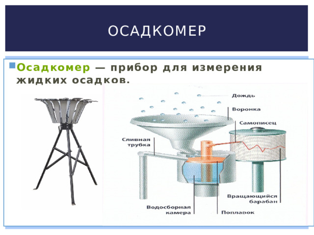Осадкомер Осадкомер  — прибор для измерения жидких осадков. 