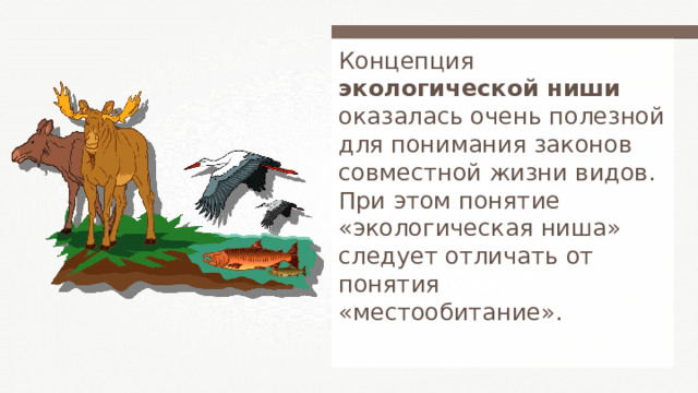 Концепция экологической ниши оказалась очень полезной для понимания законов совместной жизни видов. При этом понятие «экологическая ниша» следует отличать от понятия «местообитание». 