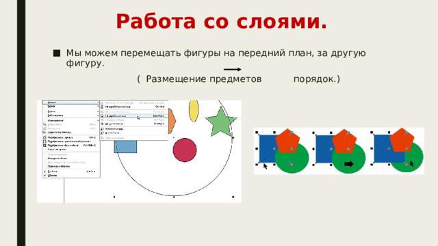 Работа со слоями. Мы можем перемещать фигуры на передний план, за другую фигуру.  ( Размещение предметов порядок.) 